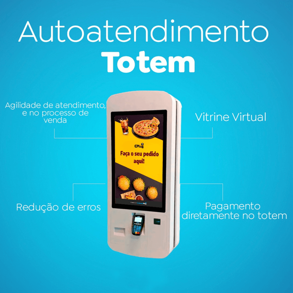Totem de autoatendimento da CSCODE exibindo cardápio digital com opção de pagamento integrado, promovendo agilidade e redução de erros no atendimento.