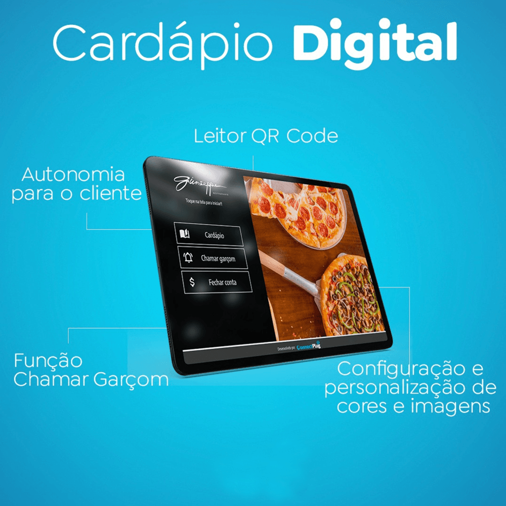 Cardápio digital interativo da CSCODE em tablet, com função chamar garçom, oferecendo autonomia e personalização visual para o cliente.