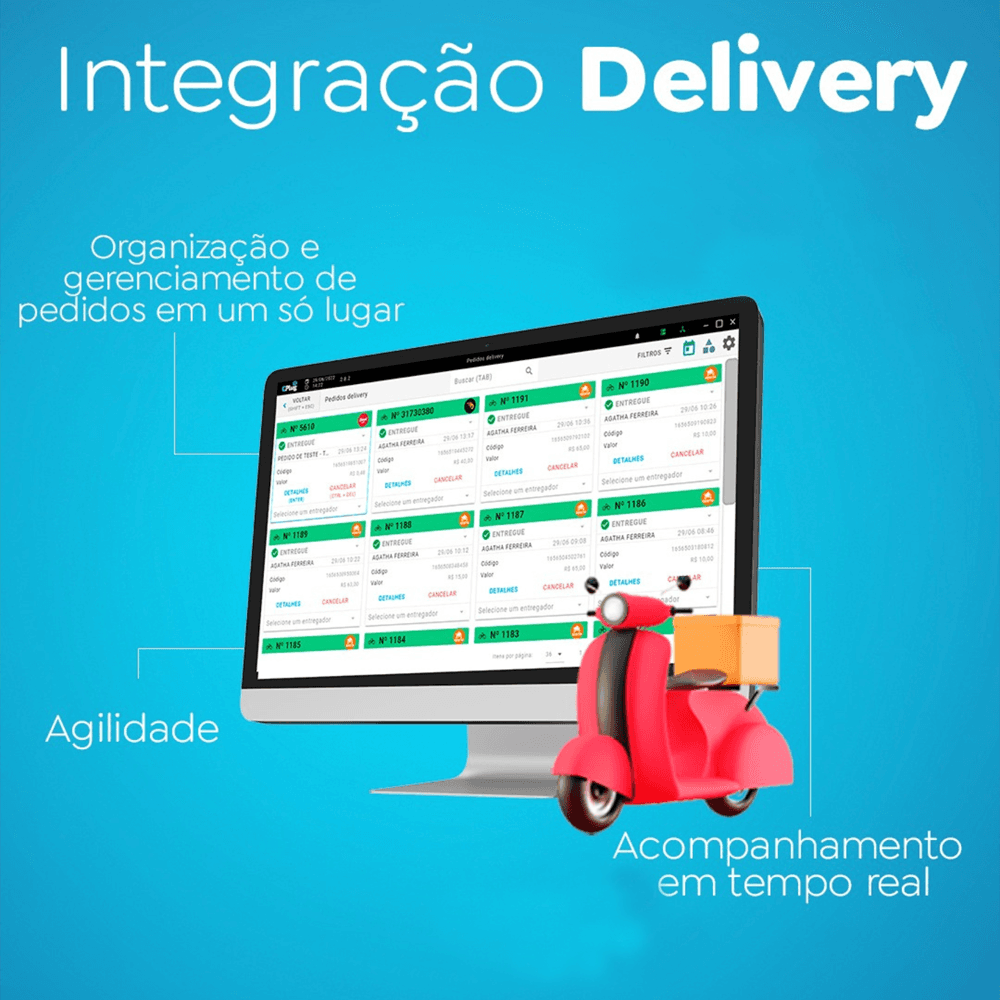 Sistema de integração delivery da CSCODE em monitor com painel de pedidos e ícone de motoboy, representando agilidade e acompanhamento em tempo real.