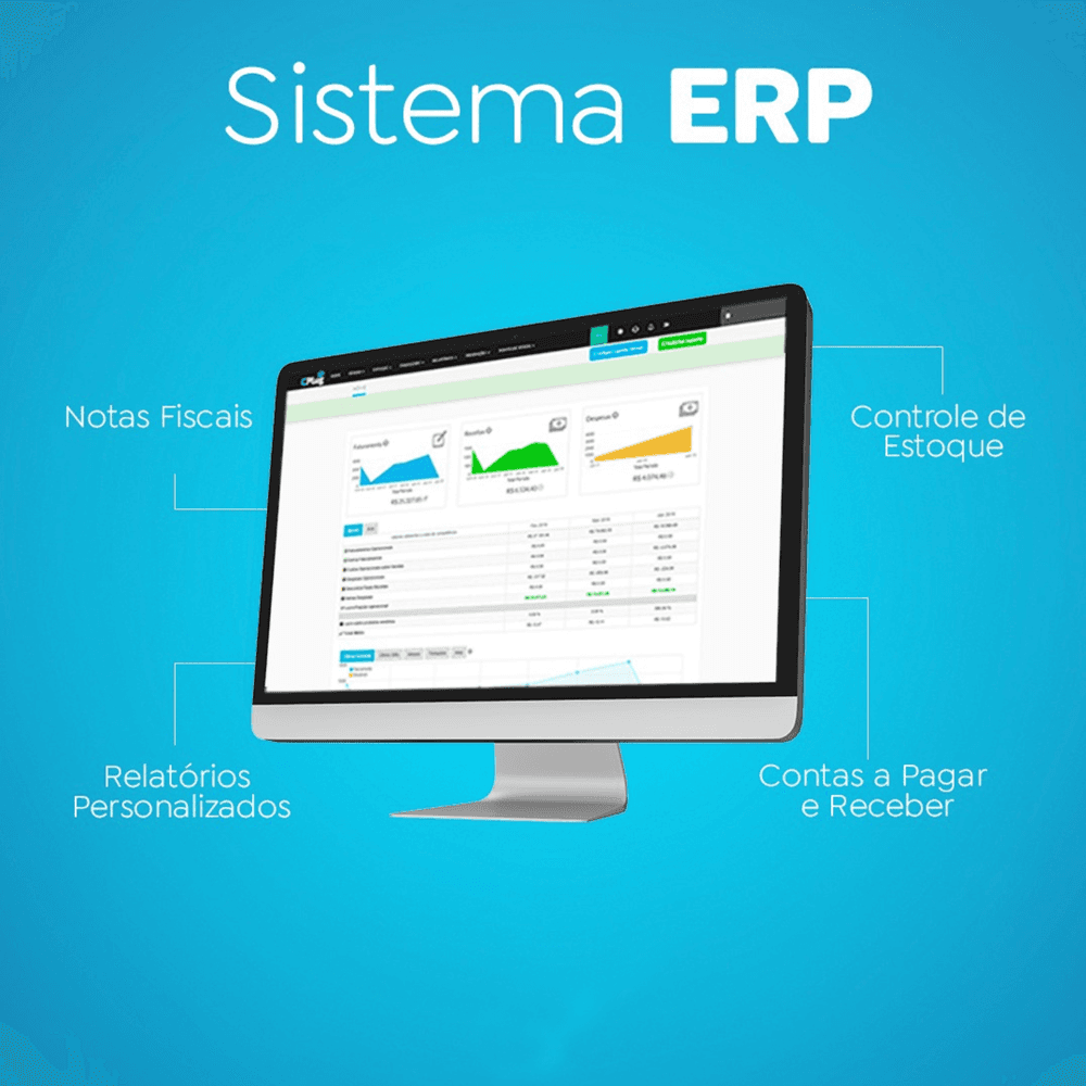 Sistema ERP da CSCODE exibindo relatórios financeiros e controle de estoque em tela, destacando automação de notas fiscais e contas a pagar e receber.