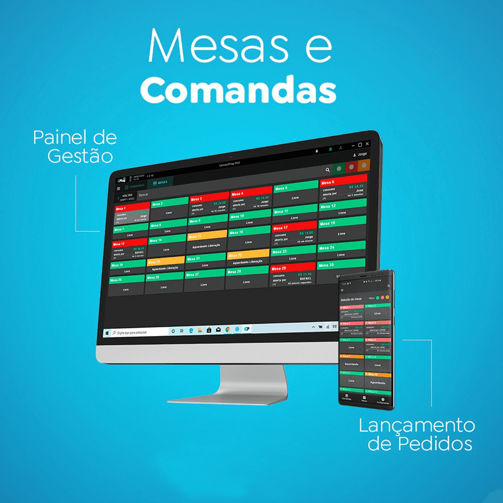 Painel de gestão da CSCODE para controle de mesas e comandas, exibido em computador e smartphone, facilitando lançamentos de pedidos e organização do salão.