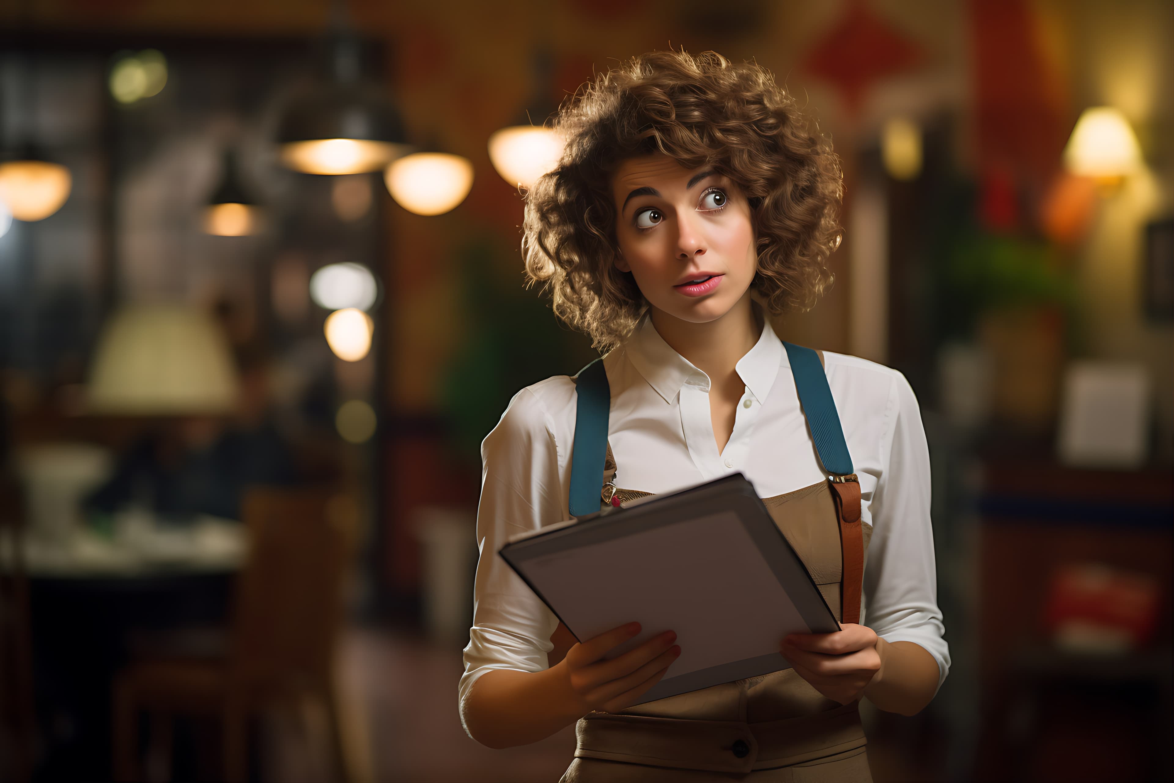 CSCODE Sistemas - Profissional de restaurante segurando um tablet em ambiente iluminado.