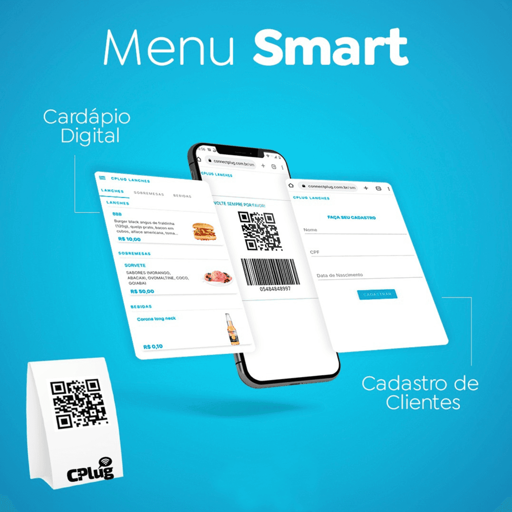 Menu Smart da CSCODE com cardápio digital e QR Code, permitindo que clientes visualizem produtos e se cadastrem diretamente pelo celular.
